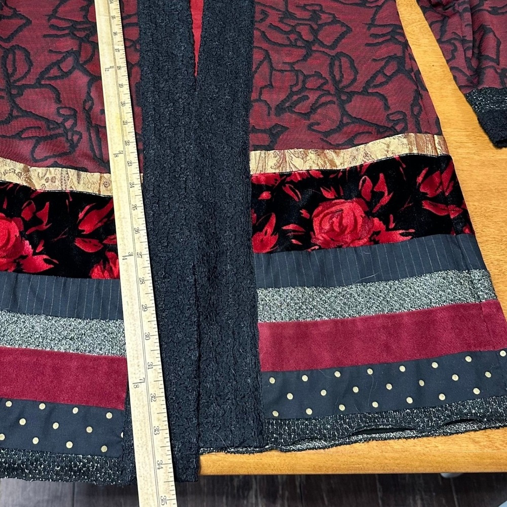 Chicos Sz 0 Patchwork Duster Jacquard Open Front Cardigan Red Black Romantic - Picture 6 of 7
